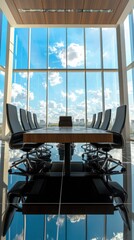 Strategic business meeting modern high-rise office digital image urban environment low angle viewpoint abstract representation