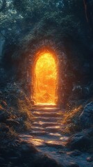 Fototapeta premium Stone archway glowing in forest at twilight with steps leading to bright light