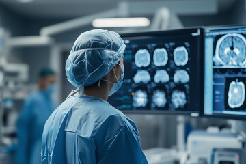 Surgeon Performing Brain Surgery in Operating Room, Analyzing Brain Scans to Diagnose and Treat Critical Neurological Conditions