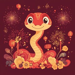 Obraz premium Colorful Cartoon Snake with Flowers and Fireworks: A Whimsical Celebration of Lunar New Year Festivities.