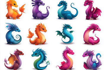 Fototapeta premium Colorful cartoon dragons in various poses and styles display vibrant creativity