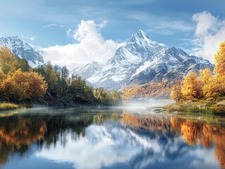 Fototapeta premium Autumn serenity vibrant mountain landscape reflection in calm waters nature photography tranquil environment aerial view