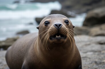 A sea lion resting on the rocky beach 

