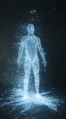 Fototapeta premium Glowing holographic male figure made of light particles standing on digital surface against dark background. Perfect for technology, artificial intelligence, virtual reality, and futuristic concepts.
