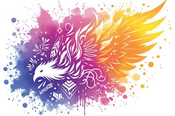 Mystical phoenix bird head with ornamental wings in vibrant watercolor splash style from deep purple to bright orange. Perfect for modern spiritual and creative projects.