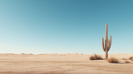 A cactus standing alone on a vast desert landscape under a clear blue sky.