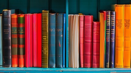 Fototapeta premium Colorful vintage and modern hardcover books arranged in row on wooden shelf, perfect for education, library, literature, and knowledge concepts. Academic background for design use.