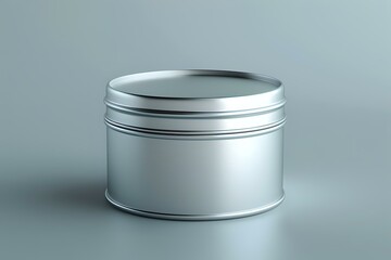 Empty silver round metal tin container with lid on gray background, perfect for product mockup and packaging design presentation for cosmetics or food storage.