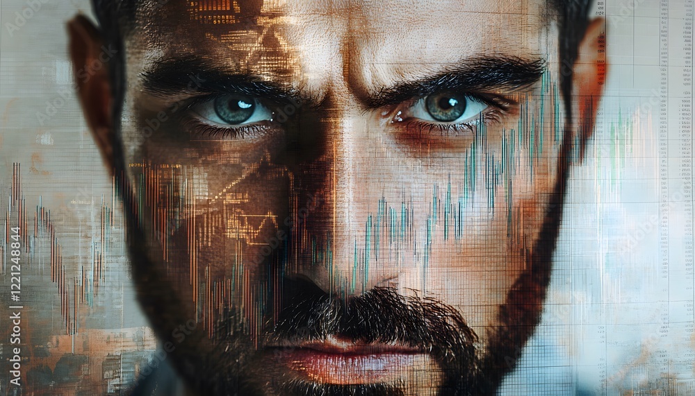 Poster intense businessman with data visualization overlay representing financial growth and market analysi