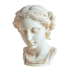 A close-up showcases a classical marble bust of a woman with her eyes closed, suggesting serenity and timeless beauty.