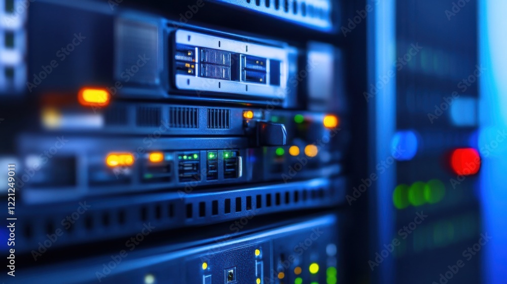Poster close-up of illuminated server racks in a data center showcasing technology and connectivity