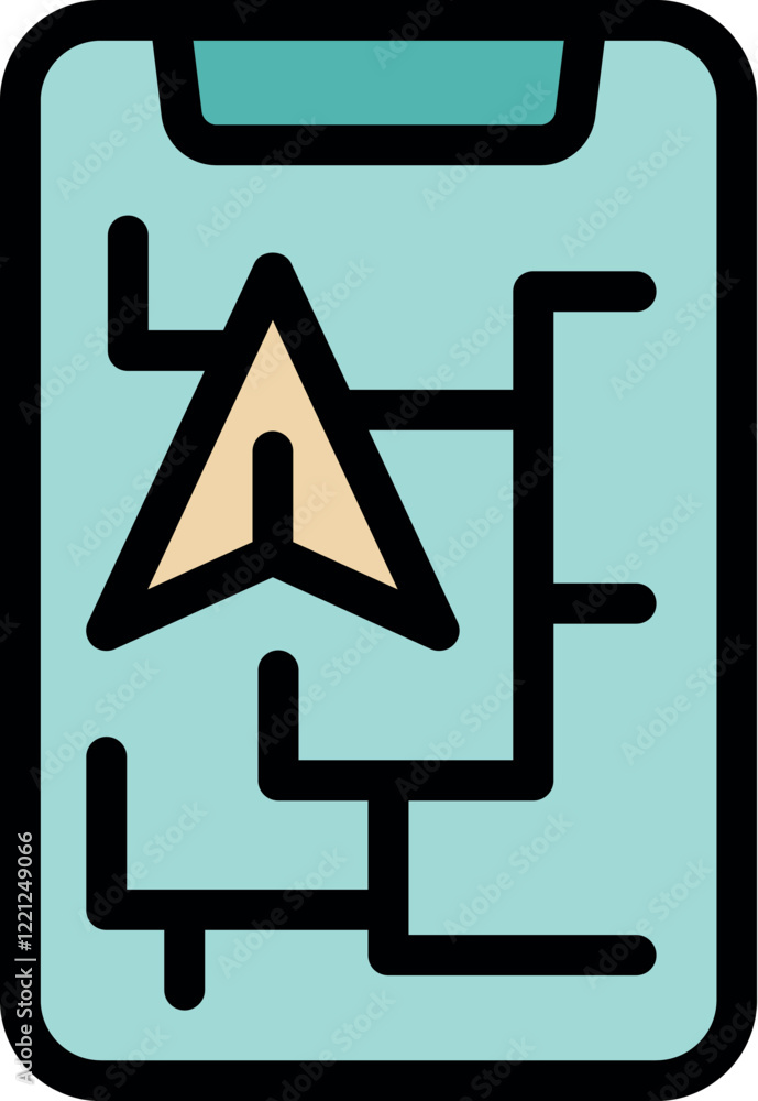 Poster mobile phone displaying interactive map with navigation pointer indicating current position, ideal f