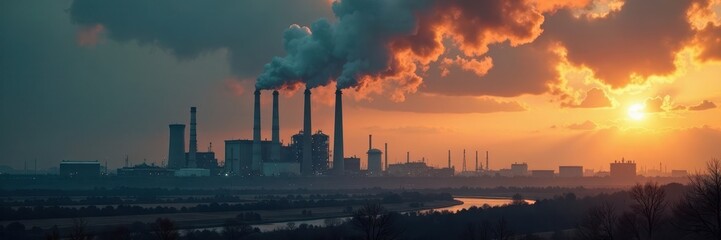 Naklejka premium Grimy factory spewing black smoke, toxic fumes shroud landscape, environment, sky