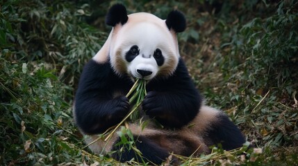 Obraz premium Adorable Giant Panda Enjoying a Bamboo Lunch in its Natural Habitat