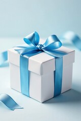 Gift box adorned with icy blue ribbon on white background, decorative, frosty