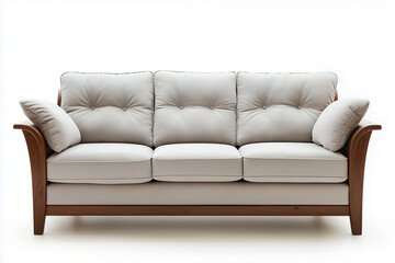Fototapeta premium Modern wooden sofa with light gray cushions on a white background, front view. 
