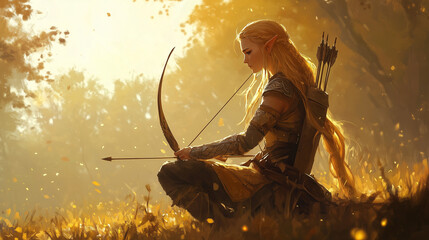 Elves with bows and arrows. Graceful elf archer with long golden hair preparing to shoot in a golden autumn forest, copy space