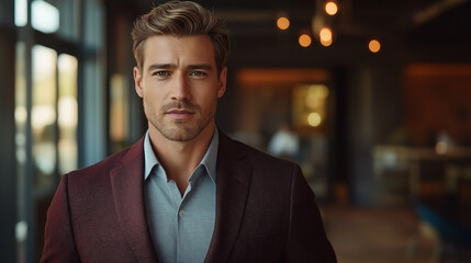 A confident male professional with a clean-shaven look, dressed in a dark maroon suit and light gray shirt