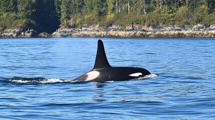 Naklejka premium Orca whale swimming coastal waters, island background, wildlife nature