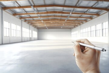 Hand sketching plans for a large empty warehouse.