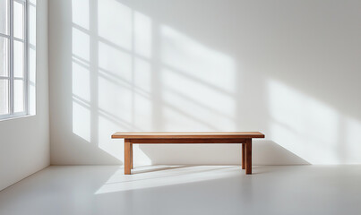 Fototapeta premium A simple wooden bench stands on the floor of an empty white room, bathed in soft natural light from one side.