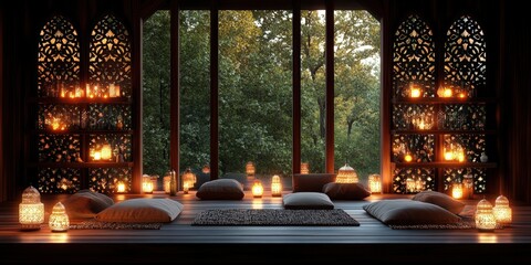 Fototapeta premium Tranquil Moroccan-Style Lounge with Soft Lighting and Candles Creating a Peaceful Atmosphere in an Urban Retreat.