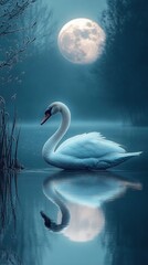 Fototapeta premium Swan swimming on moonlit misty lake at night