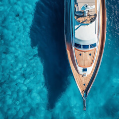 High-angle view of the bow and deck of an elegant wooden yacht in crystal-clear blue water. 
