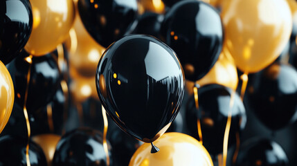 Colorful black and gold balloons create a festive atmosphere for celebrations and events