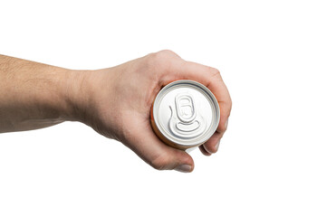 Top view of male hand holding new unopened aluminum can with drink isolated on transparent...
