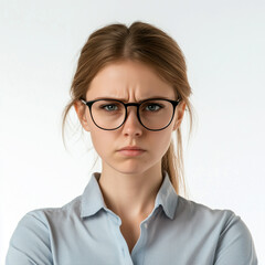 Obraz premium An angry young businesswoman with glasses and a white shirt stands against an isolated background. 