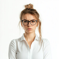 Obraz premium An angry young businesswoman with glasses and a white shirt stands against an isolated background. 