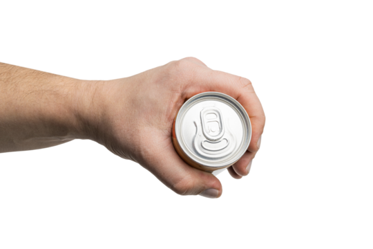 Top view of male hand holding new unopened aluminum can with drink isolated on transparent background