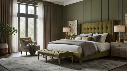 Modern luxurious bedroom interior,Home interior design,Scandinavian style master bedroom with elegant furniture	