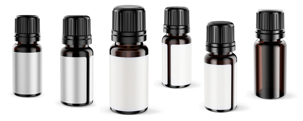 A 10 ml bottle of dark brown UV glass for essential oils isolated on transparent background with soft transparent shadows