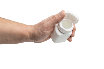 Male hand holding a blank white plastic bottle for medicine, pills, and vitamins, isolated on a transparent background