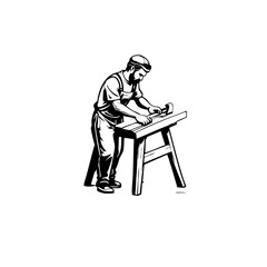 Worker Using Hand Tool on Wooden Board at Workbench