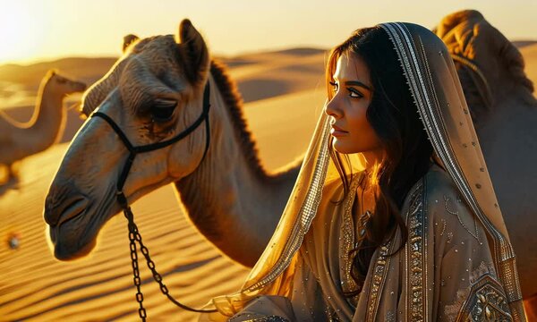 Beautiful woman in traditional attire poses with camel at sunset in desert landscape