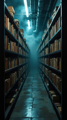 Fototapeta premium A dark library filled with rows of books in an old building, with a focus on environmental consciousness.