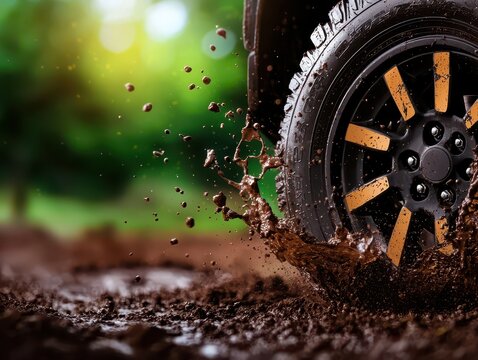 A close-up of a tire splashing through muddy terrain, showcasing the power of off-road driving.