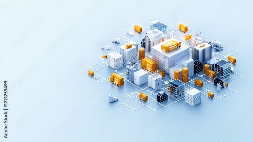 Poster global e-commerce infrastructure visualization digital cityscape 3d render urban environment aerial 