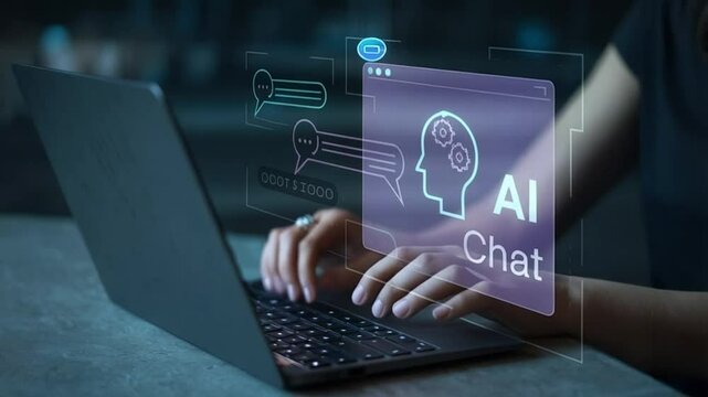 Woman using laptop, chatting with AI chatbot. Artificial intelligence, futuristic technology, seamless communication, innovative solutions, digital   