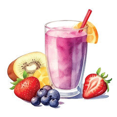 watercolors A refreshing fruit smoothie in a glass illustration