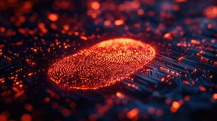 A close-up rendering of a digital circuit board embedded with a stylized fingerprint design in...