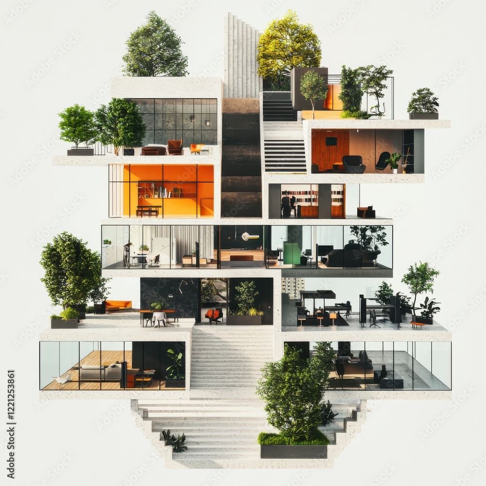 Poster Innovative workspaces for flexible environments modern office design architecture showcase urban setting aerial view dynamic concepts