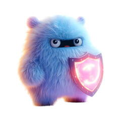 Fluffy 3D Cartoon Character with Glowing Shield Isolated on Transparent Background