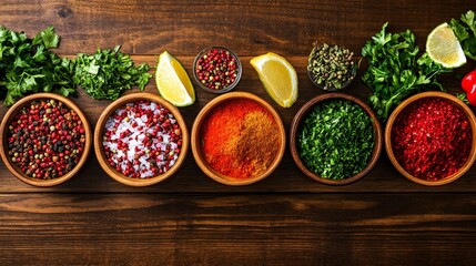 Aromatic Spices and Herbs Collection - Vibrant assortment of spices and herbs in bowls, lemons, and fresh parsley on a dark wooden background. Perfect for cooking and food blogs.