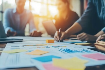 Collaborative business brainstorming session with creative agency team discussing roadmap for product launch