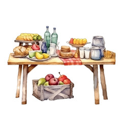 watercolors A rustic picnic setup with food and drinks illustration