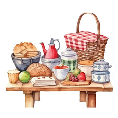 watercolors A rustic picnic setup with food and drinks illustration
